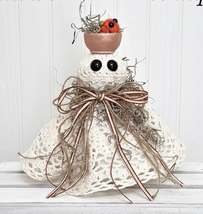 Ghost decor, Crochet Doily Ghost with Pumpkin, Cute Ghost, Tabletop display, flowing felt ghost, handmade Ghost decor, Crochet Doily Ghost with Pumpkin, Cute Ghost, Tabletop display, flowing felt ghost, handmade